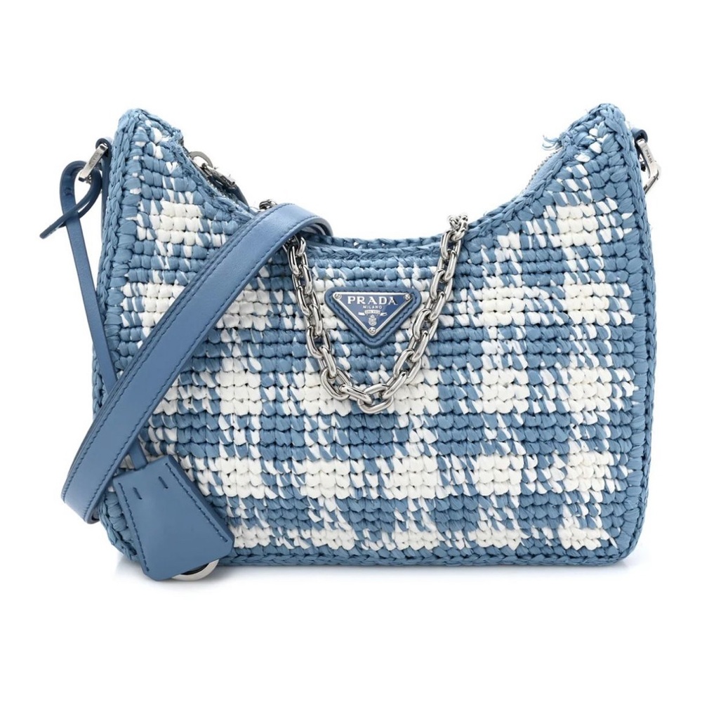 PRADA***RE-EDITION Blue + White Checkered Raffia Shoulder Bag****$2650 NWT